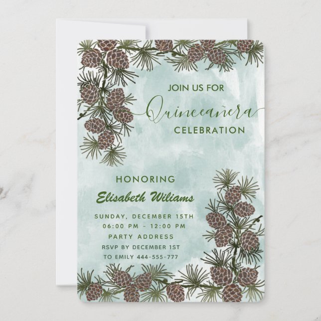 Pine cone branch watercolor Quinceañera Invitation (Front)