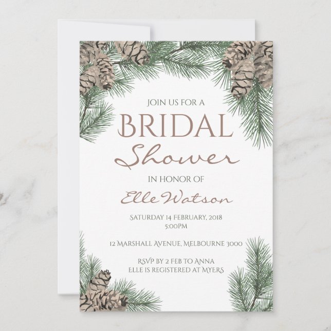 Pine Cone Bridal Shower Invitation, Winter Wedding Invitation (Front)