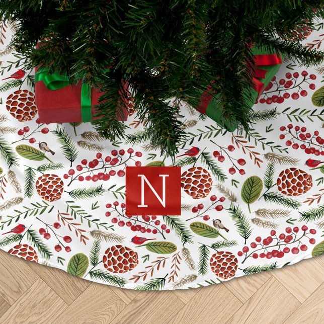 Pine cone cardinal Christmas monogram Brushed Polyester Tree Skirt (Creator Uploaded)