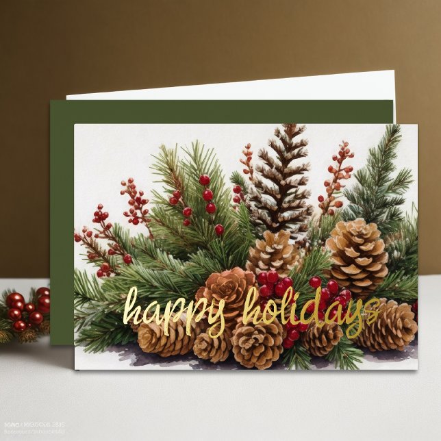 Pine Cone Evergreen Red Berries Rustic Foil Holiday Card (Creator Uploaded)