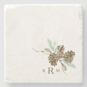  Pine Cone Foliage Fall Holiday Monogram Stone Coaster