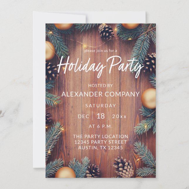 Pine Cone & Gold Ornament Rustic Holiday Party Invitation (Front)