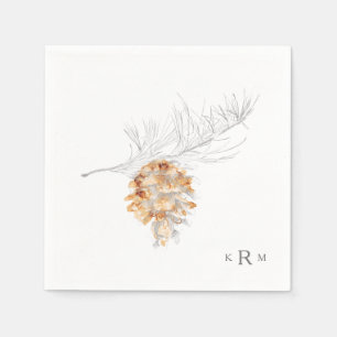 Pine Cone Hand Drawn Watercolor Monogram Cocktail  Napkin