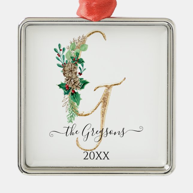 Pine Cone Holly Christmas Gold Glitter Monogram G Metal Tree Decoration (Front)