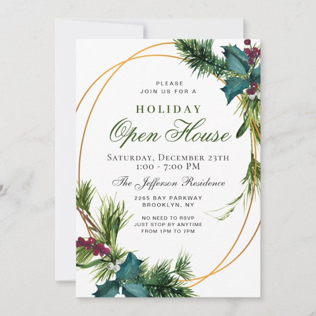 Pine Cone Holly Frame Christmas Holiday OPEN HOUSE Invitation (Front)