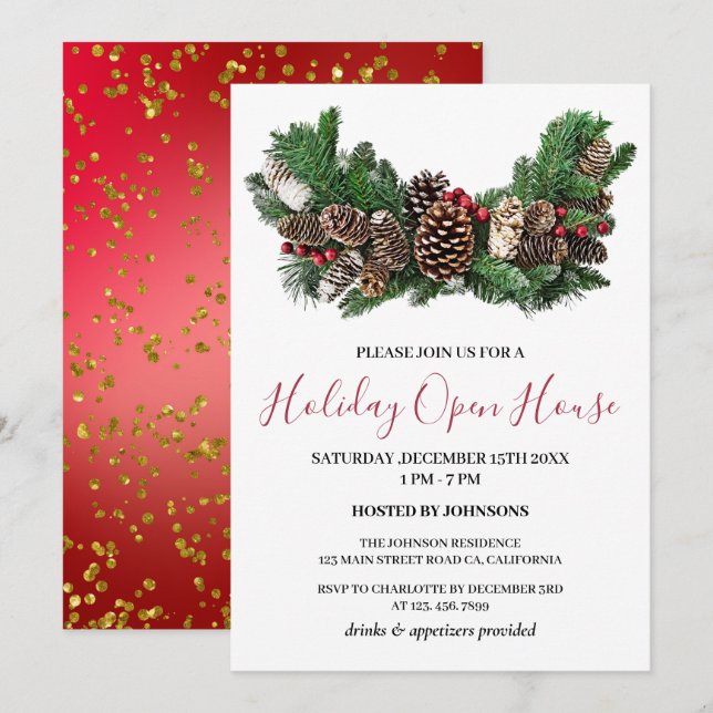 Pine Cone & Leaves Christmas Holiday Open House  Invitation (Front/Back)