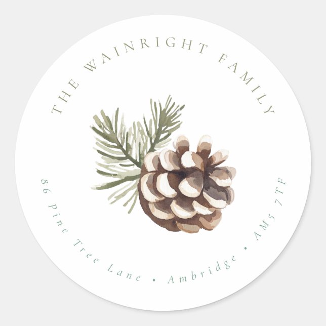 Pine Cone & Leaves Family Return Address Classic Round Sticker (Front)