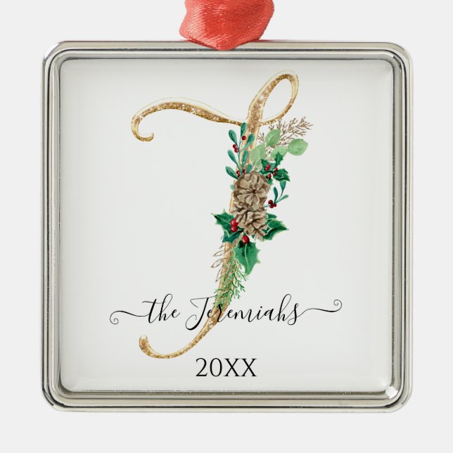 Pine Cone Monogram J Gold Glitter Holly Christmas Metal Tree Decoration (Front)
