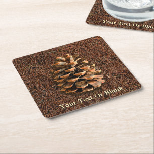 Pine Cone On Fallen Needles Square Paper Coaster