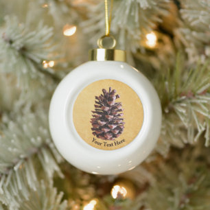Pine Cone On Vintage Paper Ceramic Ball Christmas Ornament