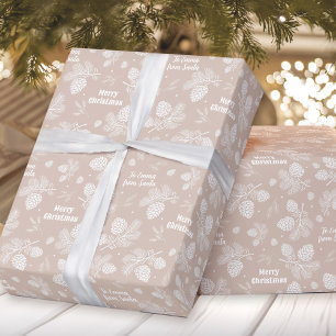 Pine Cone Pattern Beige White Name Text Christmas Wrapping Paper