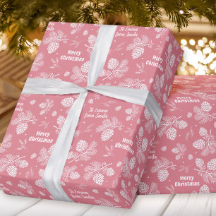 Pine Cone Pattern Pink Name Text Christmas Wrapping Paper