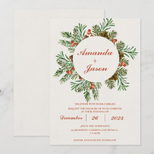 Pine Cone Red Berries Christmas wedding Invitation