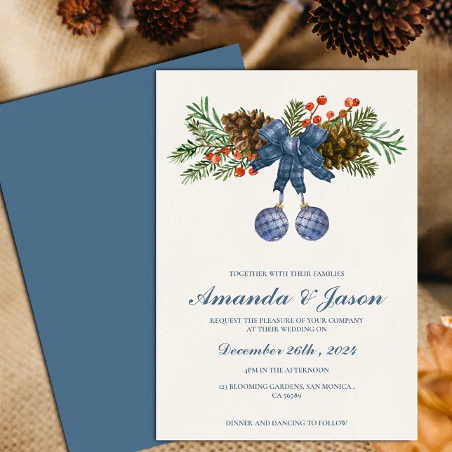 Pine Cone Red Berries Christmas wedding Invitation | Zazzle