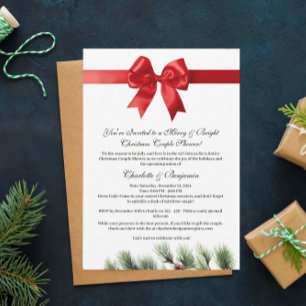 Pine Cone Red Ribbon Christmas Couples Shower Invitation