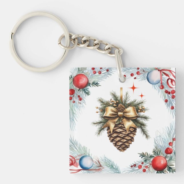Pine Cone Surrounded By Wreath And Ornaments Key Ring (Front)