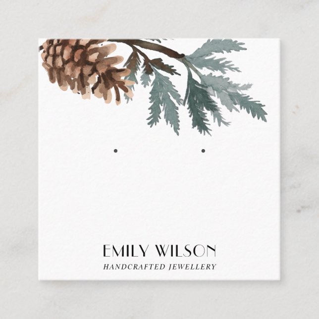PINE CONE TREE BRANCH FOREST STUD EARRING DISPLAY SQUARE BUSINESS CARD (Front)