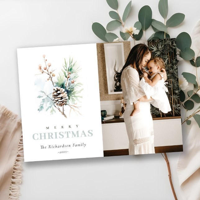 Pine Cone Watercolor Winter Berry Christmas Photo Holiday Card (Creator Uploaded)