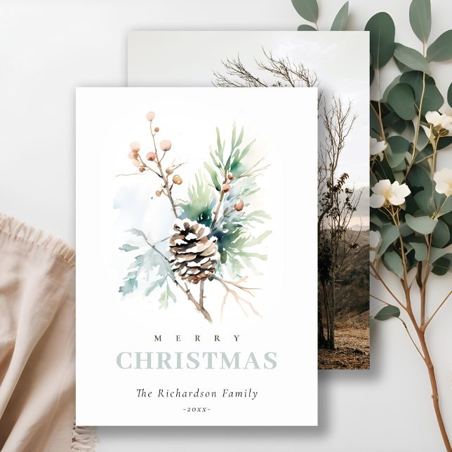 Pine Cone Watercolor Winter Berry Christmas Photo Holiday Card (Creator Uploaded)