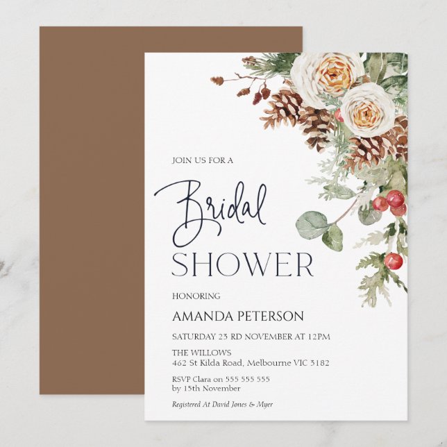 Pine Cone Winter Floral Bridal Shower Invitation (Front/Back)