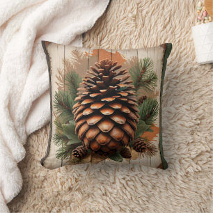 Pine cone with foliage and wood accents cushion