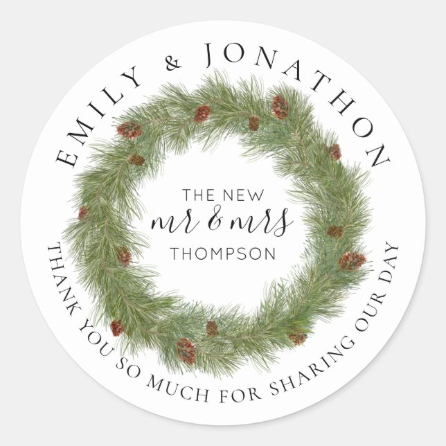 Pine Cone Wreath Names Christmas Wedding Thank You Classic Round Sticker (Front)