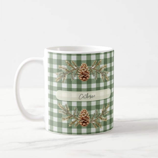 Pine Cones and Branches Personalised Gingham  Coffee Mug (Left)