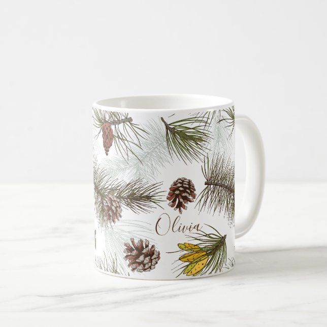 Pine Cones and Evergreen YOUR NAME Coffee Mug (Front Right)