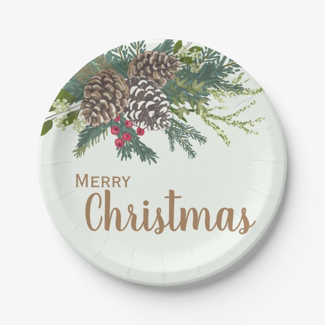 Pine cones and greenery Christmas Paper Plate (Front)
