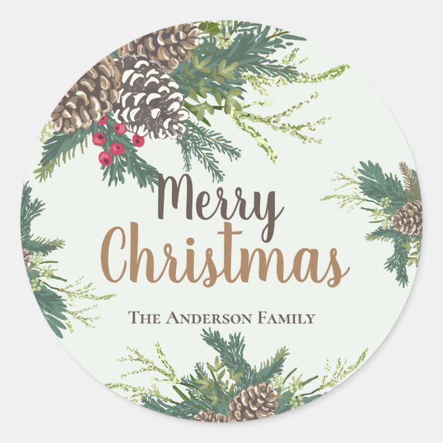 Pine cones and greenery merry christmas classic round sticker (Front)