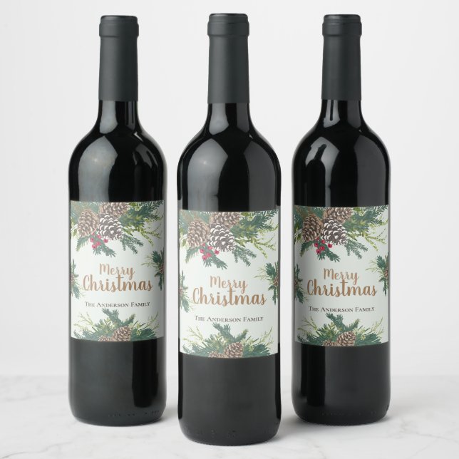 Pine cones and greenery merry christmas wine label (Bottles)