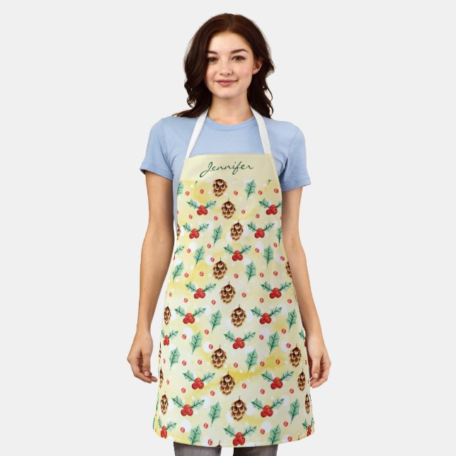 Pine Cones and Holly Christmas Pattern Apron (Worn)