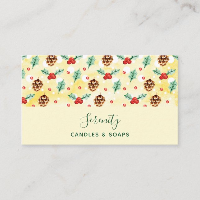 Pine Cones and Holly Christmas Pattern Business Card (Front)
