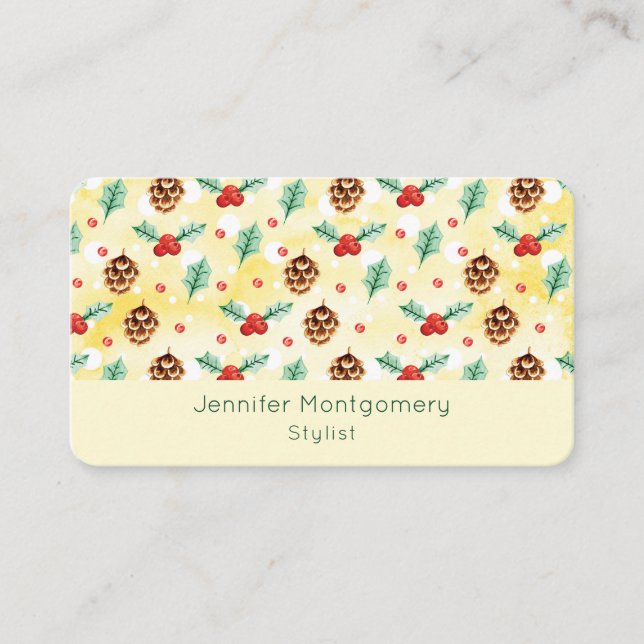 Pine Cones and Holly Christmas Pattern Business Card (Front)