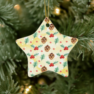 Pine Cones and Holly Christmas Pattern Ceramic Tree Decoration