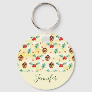 Pine Cones and Holly Christmas Pattern Key Ring