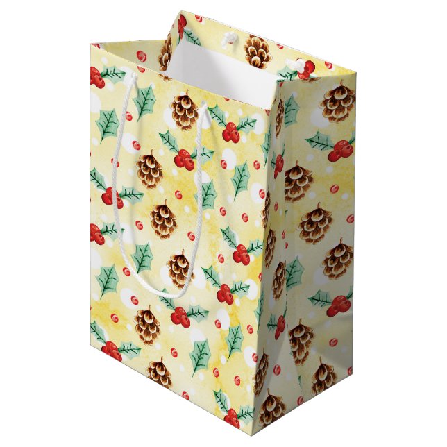 Pine Cones and Holly Christmas Pattern Medium Gift Bag (Front Angled)