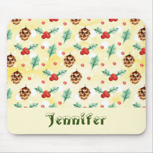 Pine Cones and Holly Christmas Pattern Mouse Mat