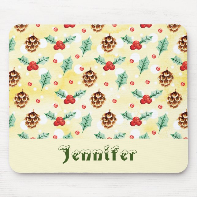 Pine Cones and Holly Christmas Pattern Mouse Mat (Front)