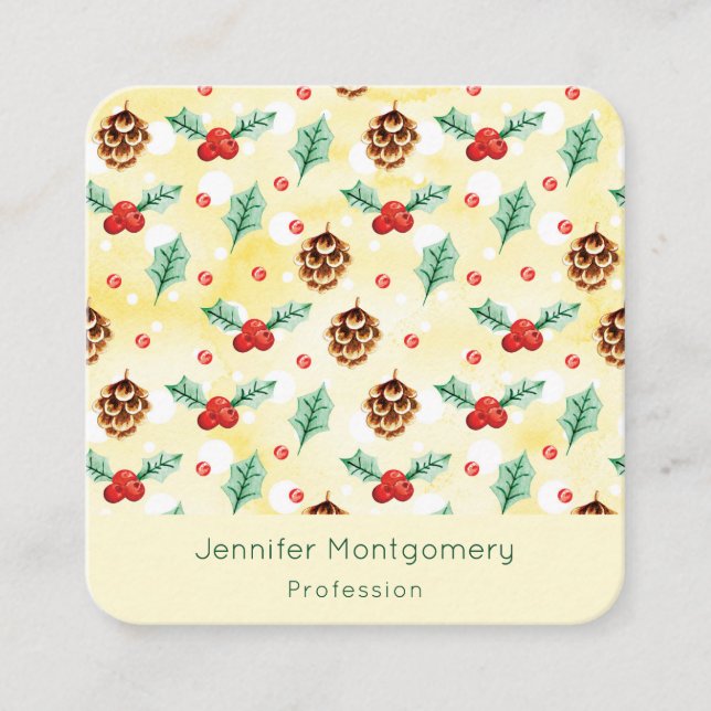 Pine Cones and Holly Christmas Pattern Square Business Card (Front)