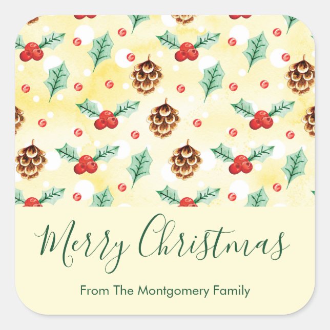 Pine Cones and Holly Christmas Pattern Square Sticker (Front)