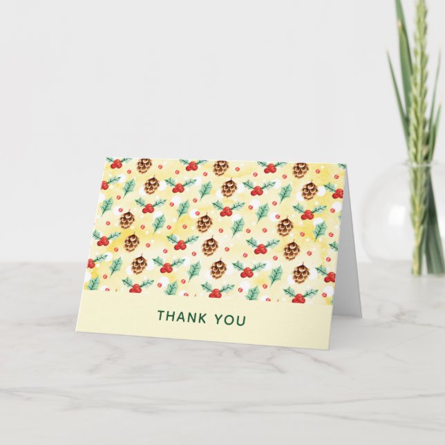 Pine Cones and Holly Christmas Pattern Thank You Card (Front)