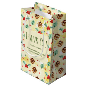 Pine Cones and Holly Christmas Pattern Thank You Small Gift Bag