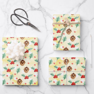 Pine Cones and Holly Christmas Pattern Wrapping Paper Sheet