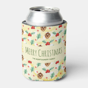 Pine Cones and Holly Pattern Merry Christmas Can Cooler