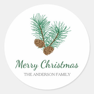 Pine Cones and Pine Branches Merry Christmas Classic Round Sticker