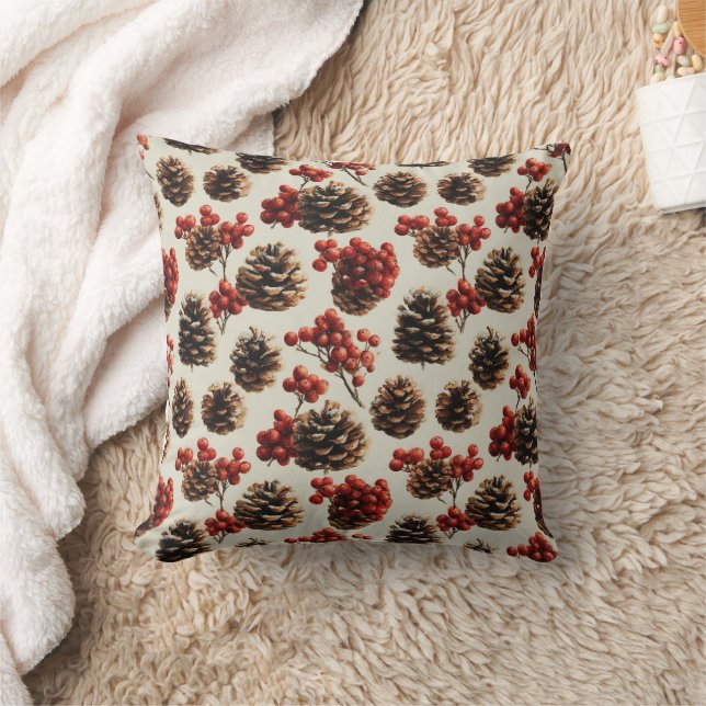 Pine Cones and Red Berries Winter Pattern Cushion (Blanket)