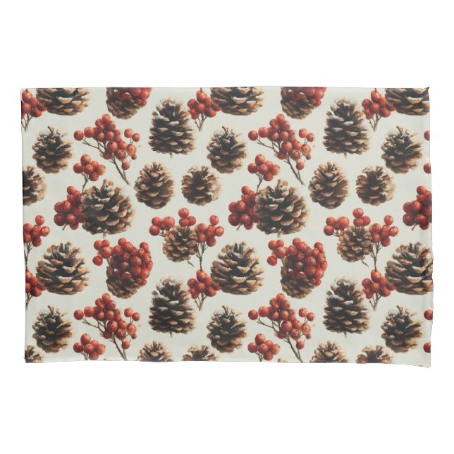 Pine Cones and Red Berries Winter Pattern Pillowcase (Front)
