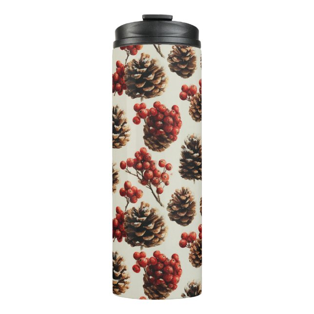 Pine Cones and Red Berries Winter Pattern Thermal Tumbler (Front)