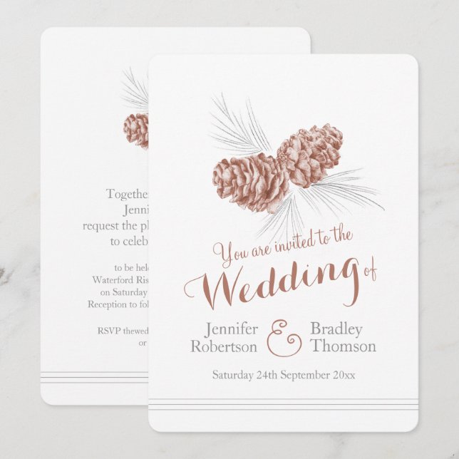 Pine cones art brown winter wedding invitations (Front/Back)